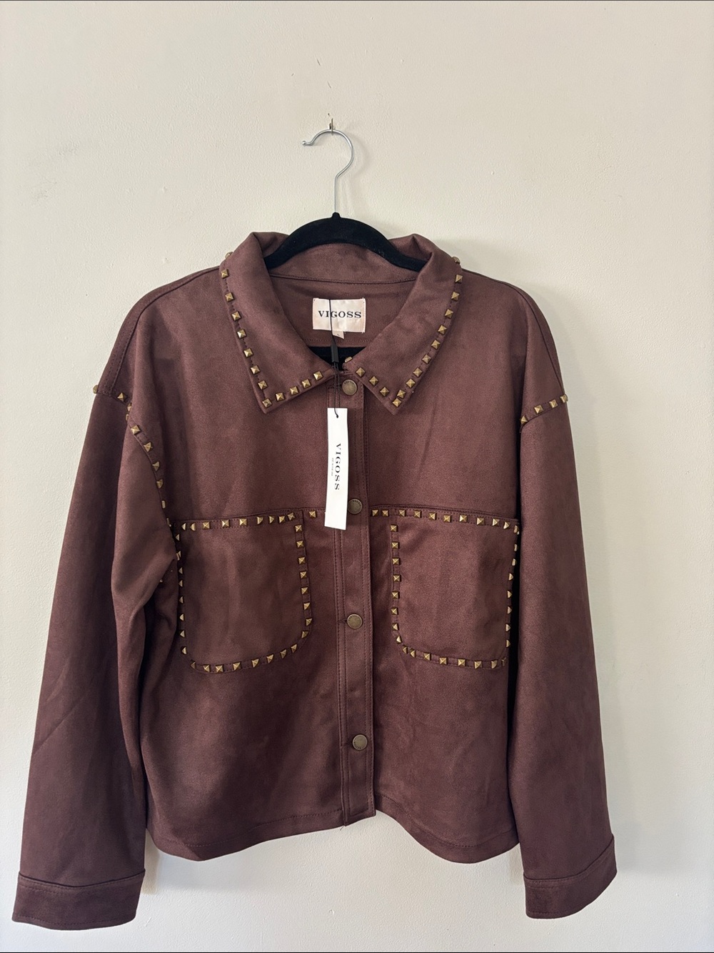Vigoss Chocolate Brown Studded Suede Style Jacket Shavket Sz L NEW NWT